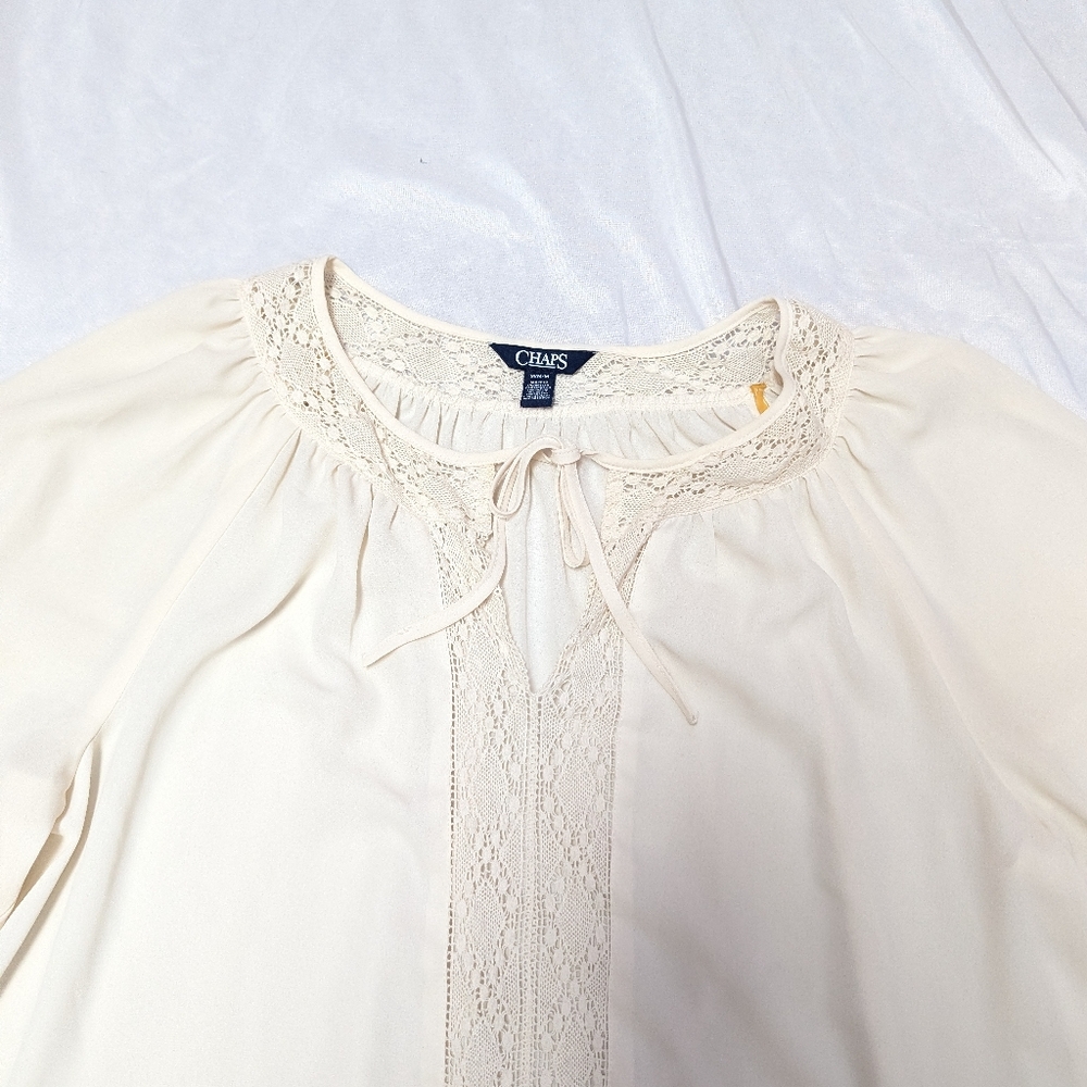 Chaps Cottagecore Cowgirl Boho Peasant Lace Trimmed Long Sleeve Blouse Medium - Picture 2 of 10